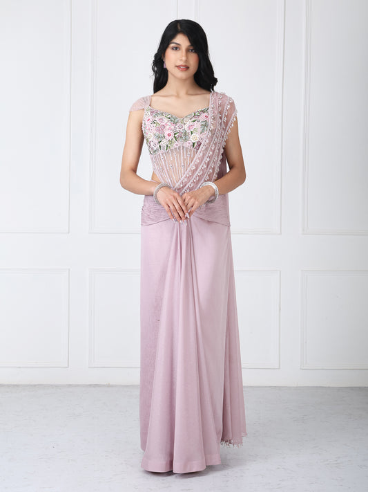 Dusty pink drape saree set
