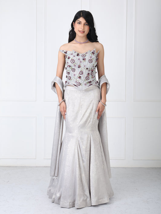 Grey embroidered corset with paneled skirt and dupatta
