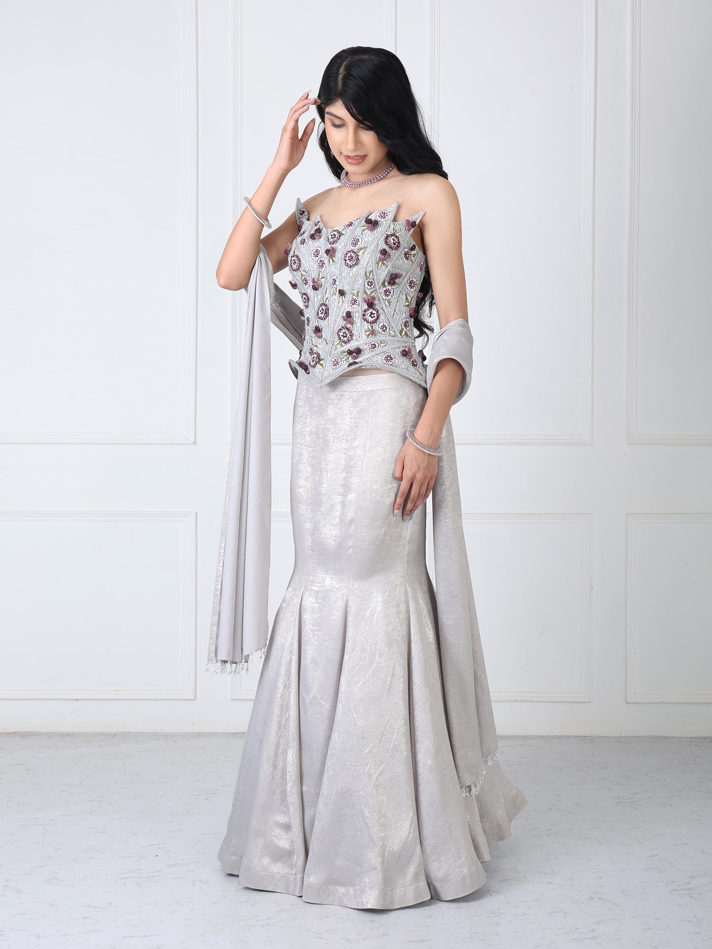 Grey embroidered corset with paneled skirt and dupatta