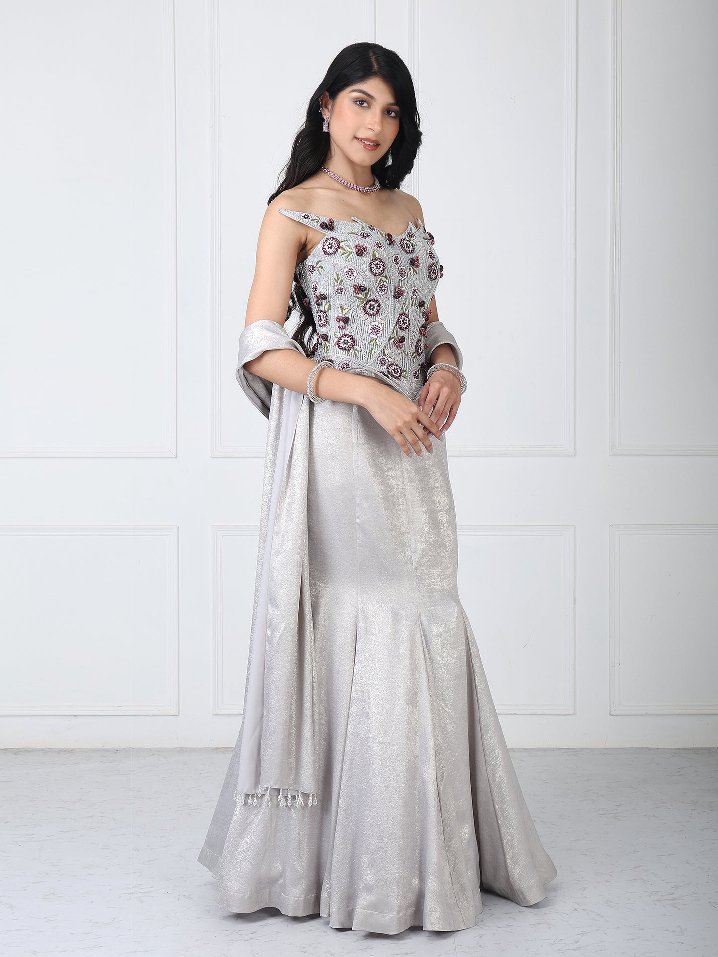 Grey embroidered corset with paneled skirt and dupatta