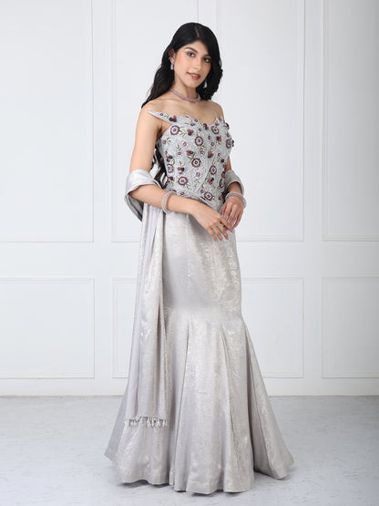 Grey embroidered corset with paneled skirt and dupatta