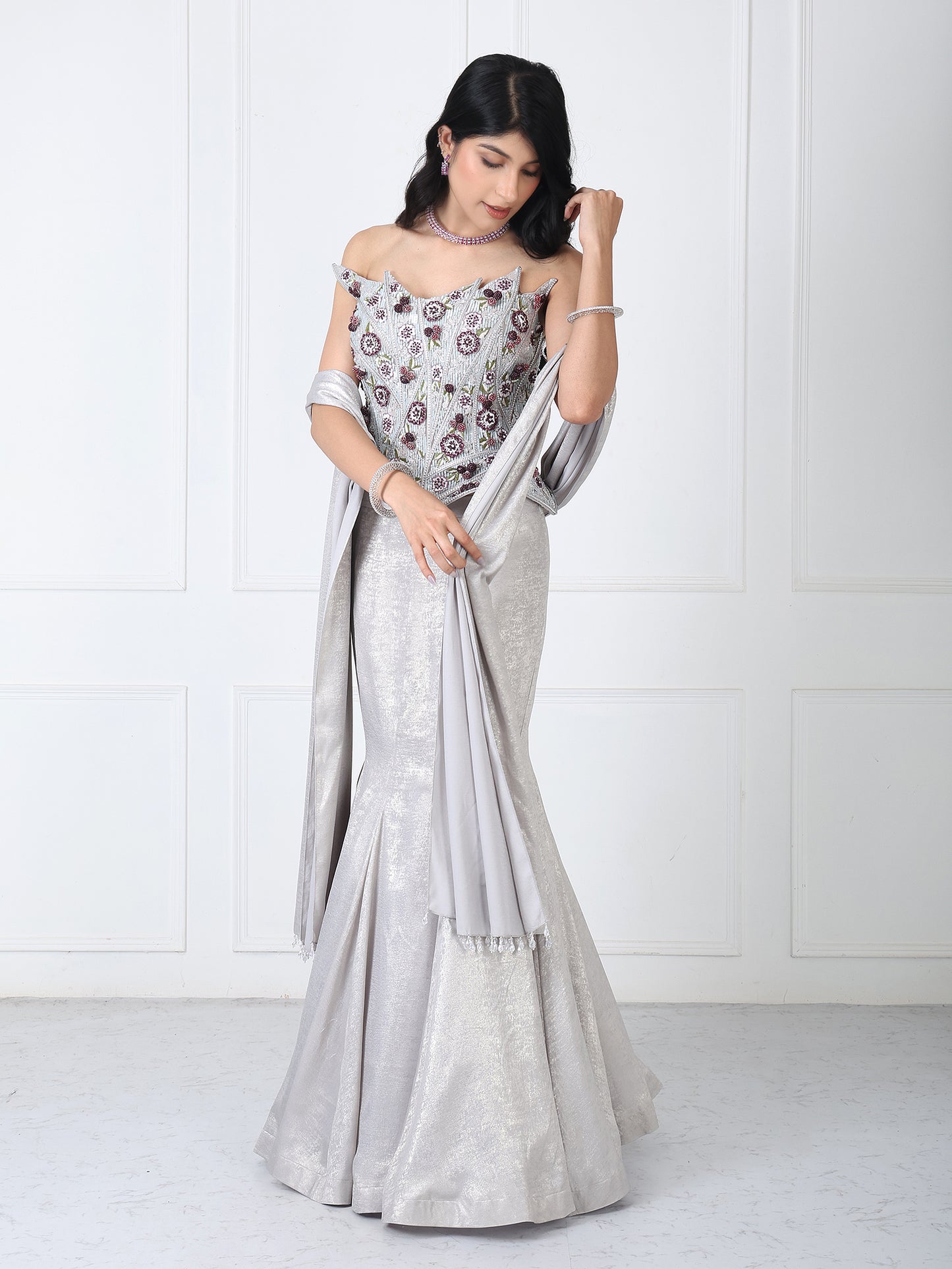 Grey embroidered corset with paneled skirt and dupatta