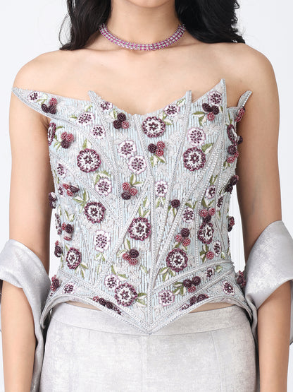 Grey embroidered corset with paneled skirt and dupatta