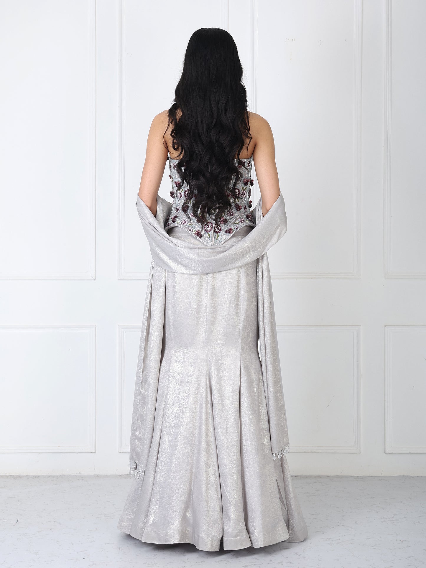 Grey embroidered corset with paneled skirt and dupatta