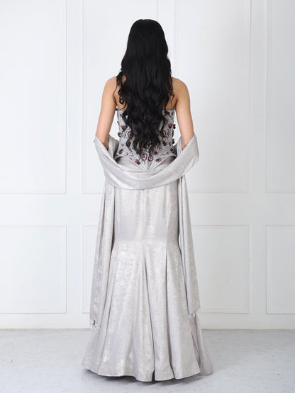 Grey embroidered corset with paneled skirt and dupatta