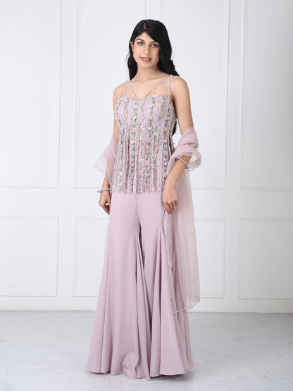 Dusty pink fringe bodysuit with sharara and dupatta