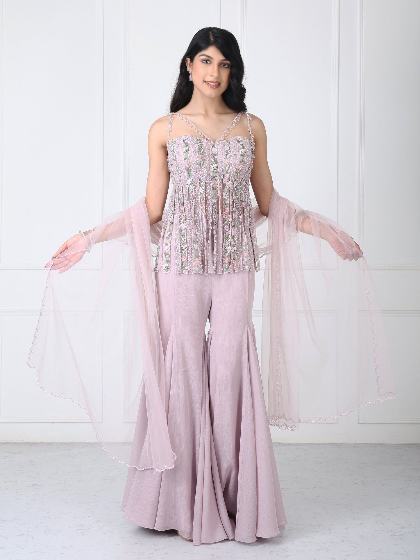 Dusty pink fringe bodysuit with sharara and dupatta