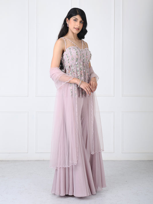 Dusty pink fringe bodysuit with sharara and dupatta