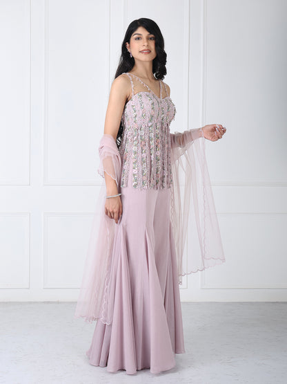 Dusty pink fringe bodysuit with sharara and dupatta