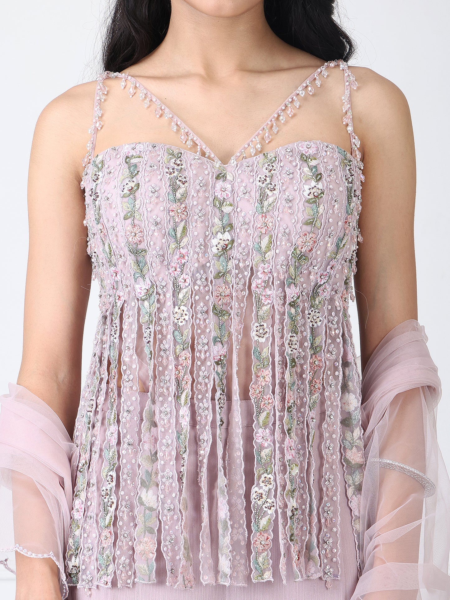 Dusty pink fringe bodysuit with sharara and dupatta