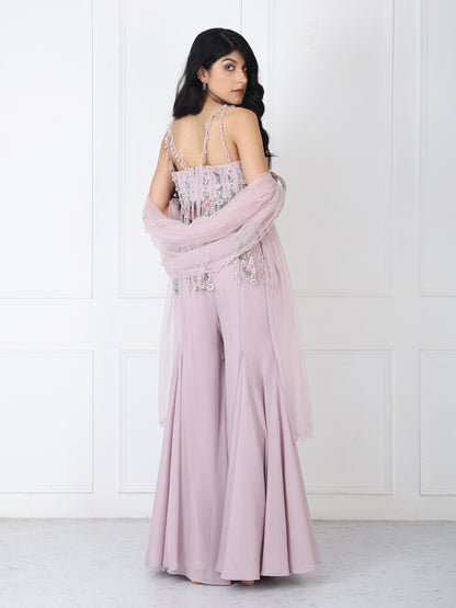 Dusty pink fringe bodysuit with sharara and dupatta