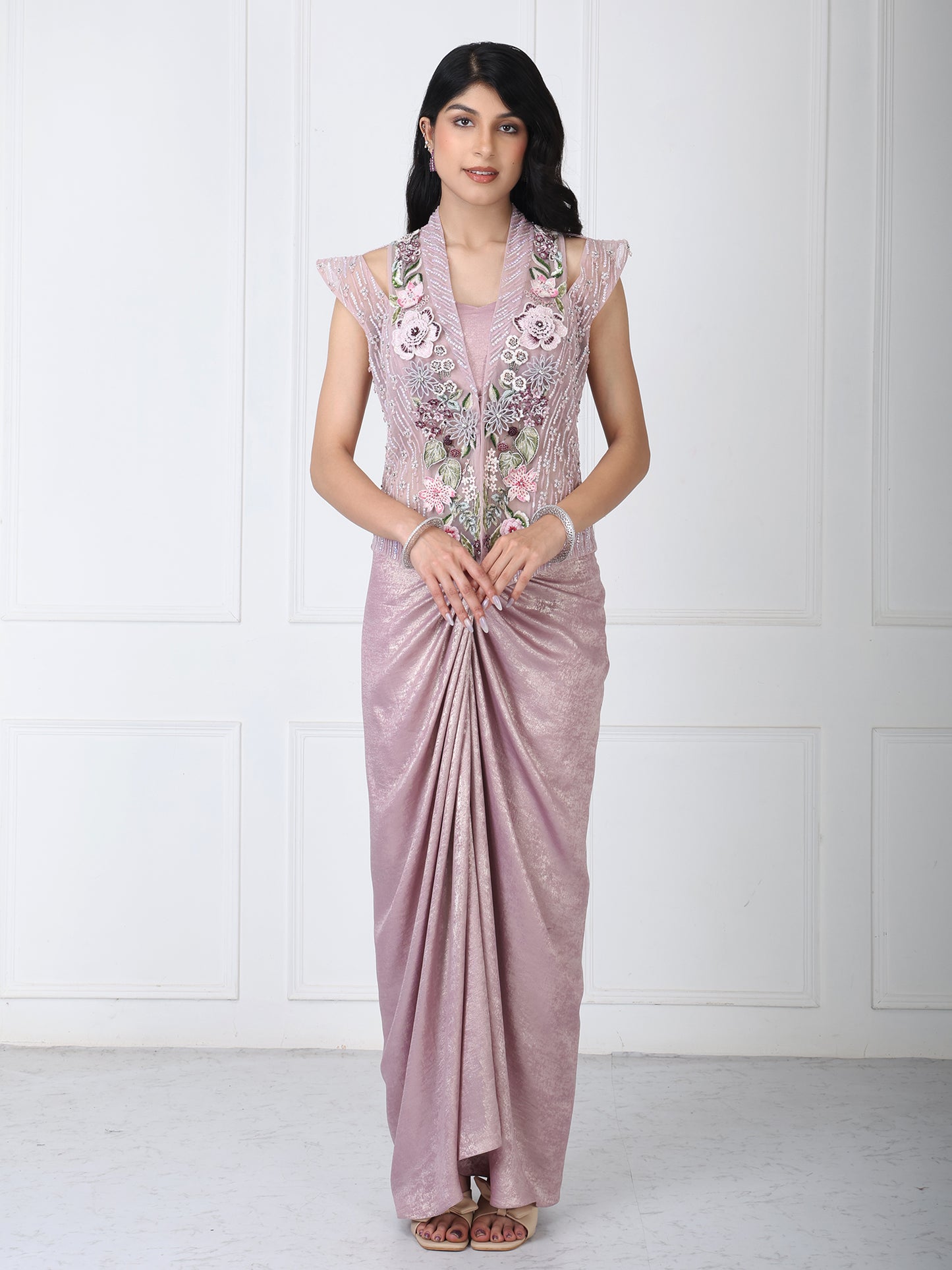 Dusty mauve embroidered jacket with drape skirt
