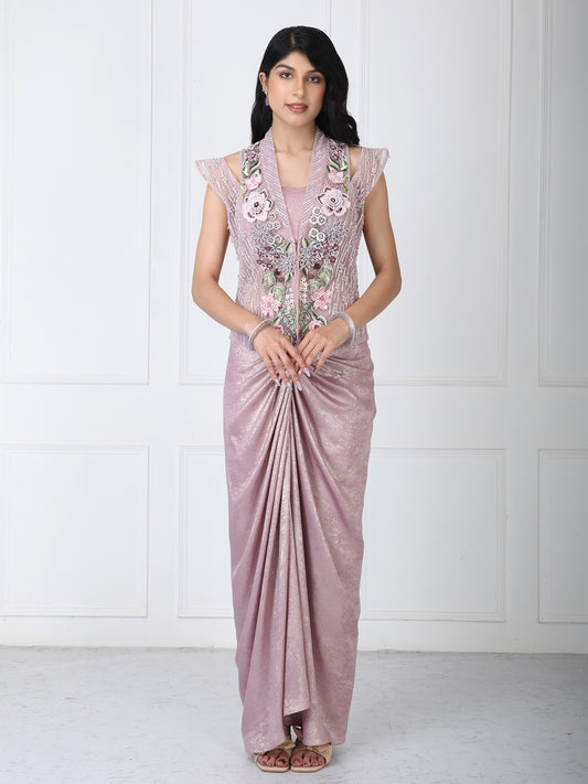 Dusty mauve embroidered jacket with drape skirt