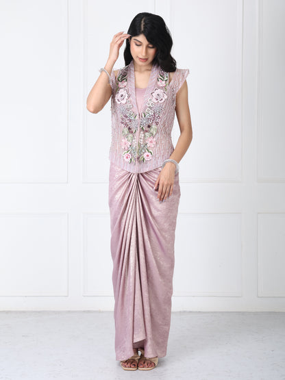 Dusty mauve embroidered jacket with drape skirt