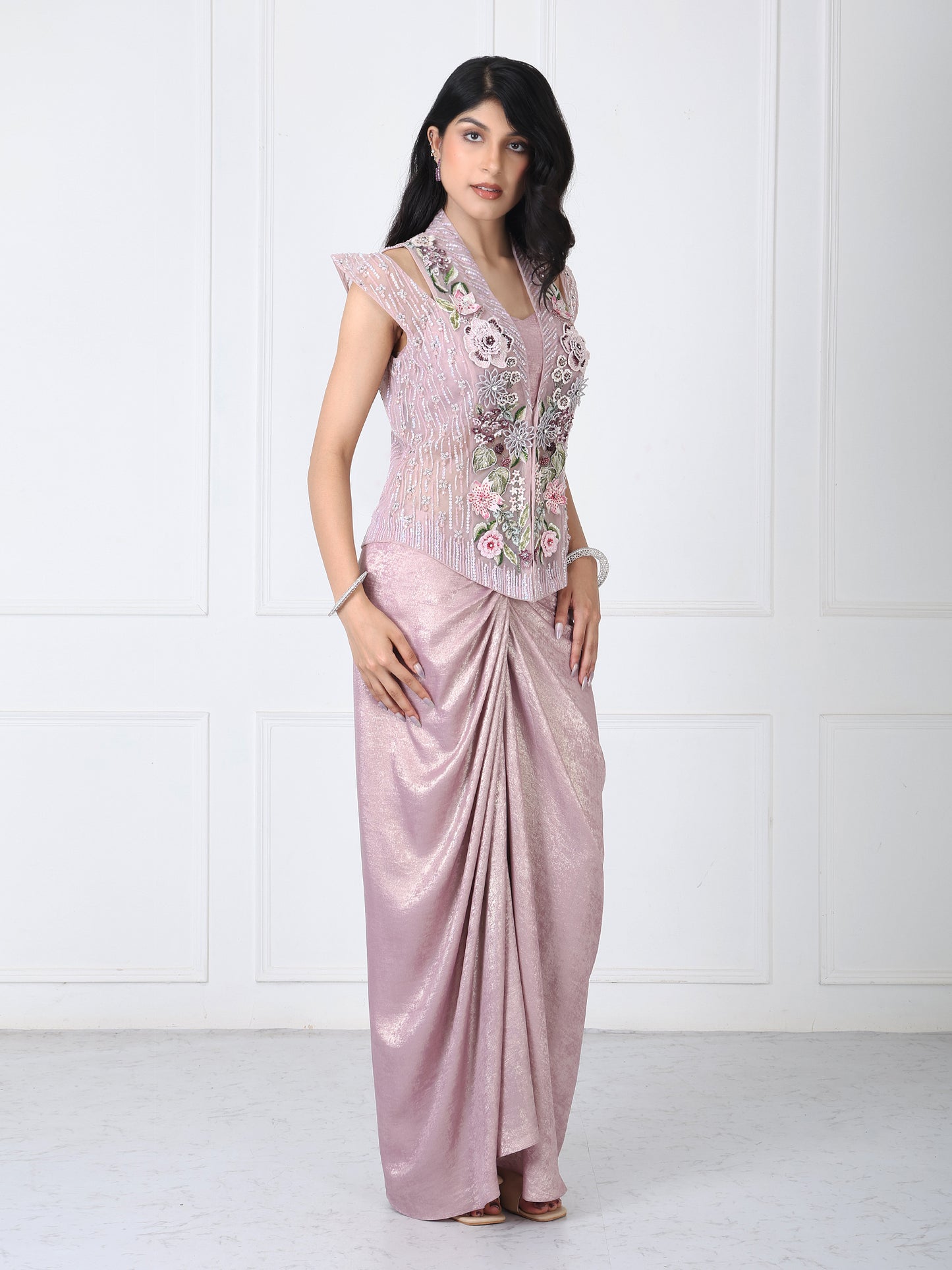 Dusty mauve embroidered jacket with drape skirt