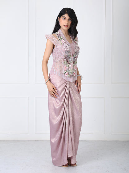 Dusty mauve embroidered jacket with drape skirt