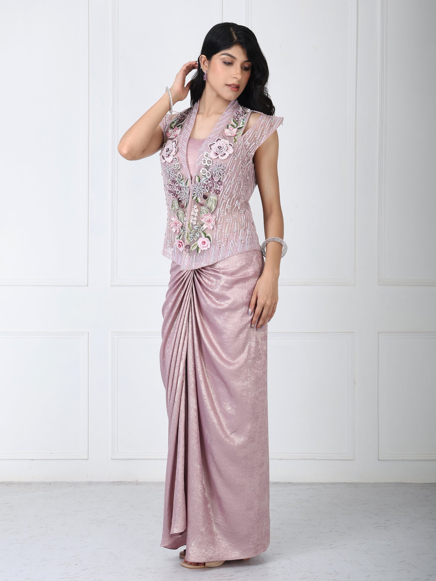 Dusty mauve embroidered jacket with drape skirt