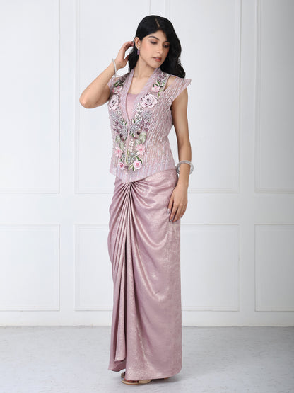 Dusty mauve embroidered jacket with drape skirt