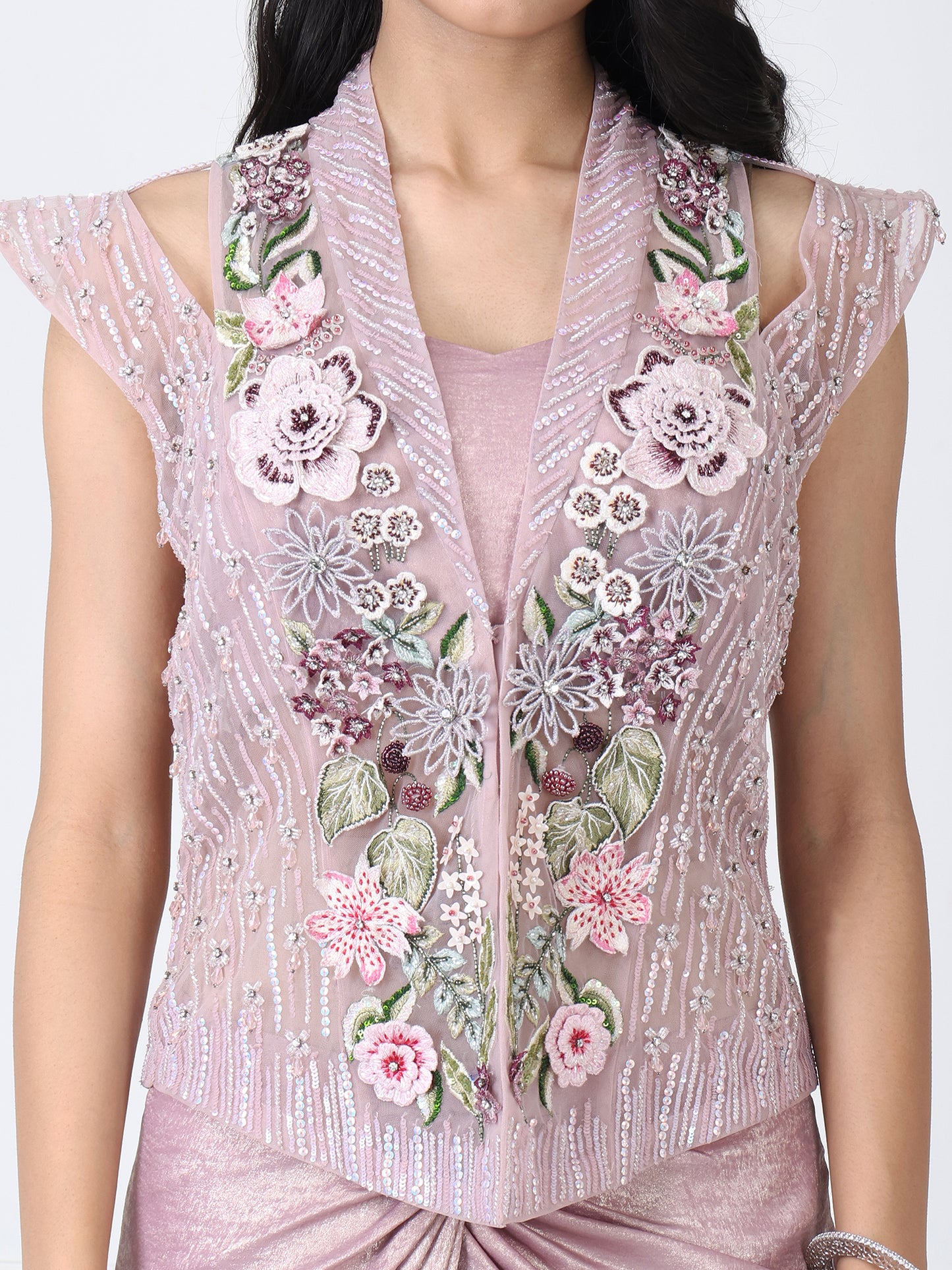 Dusty mauve embroidered jacket with drape skirt