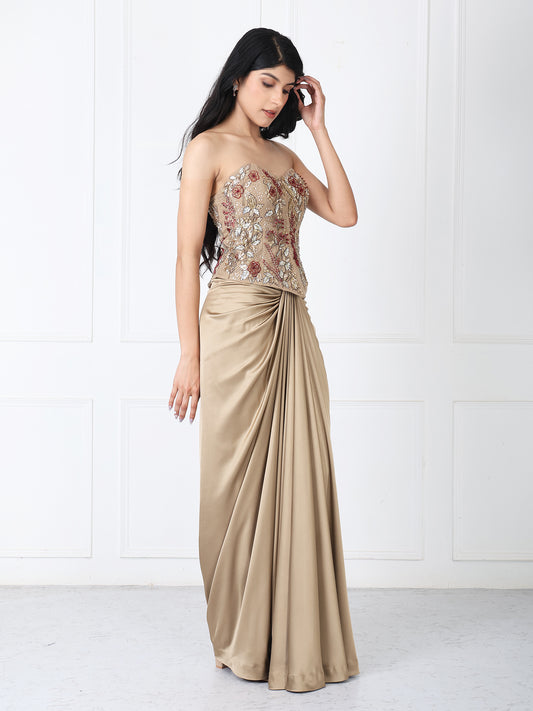 Golden brown drape skirt with embroidered corset