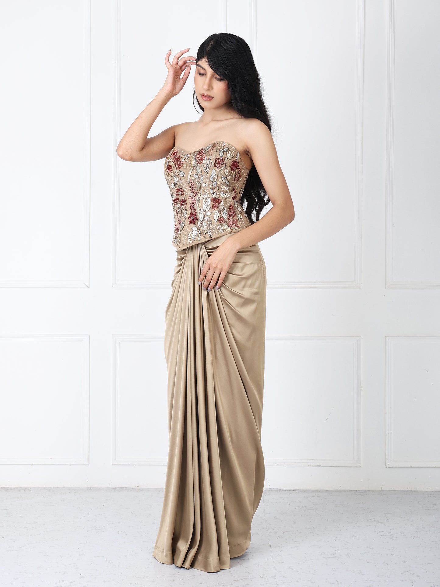 Golden brown drape skirt with embroidered corset