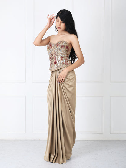 Golden brown drape skirt with embroidered corset