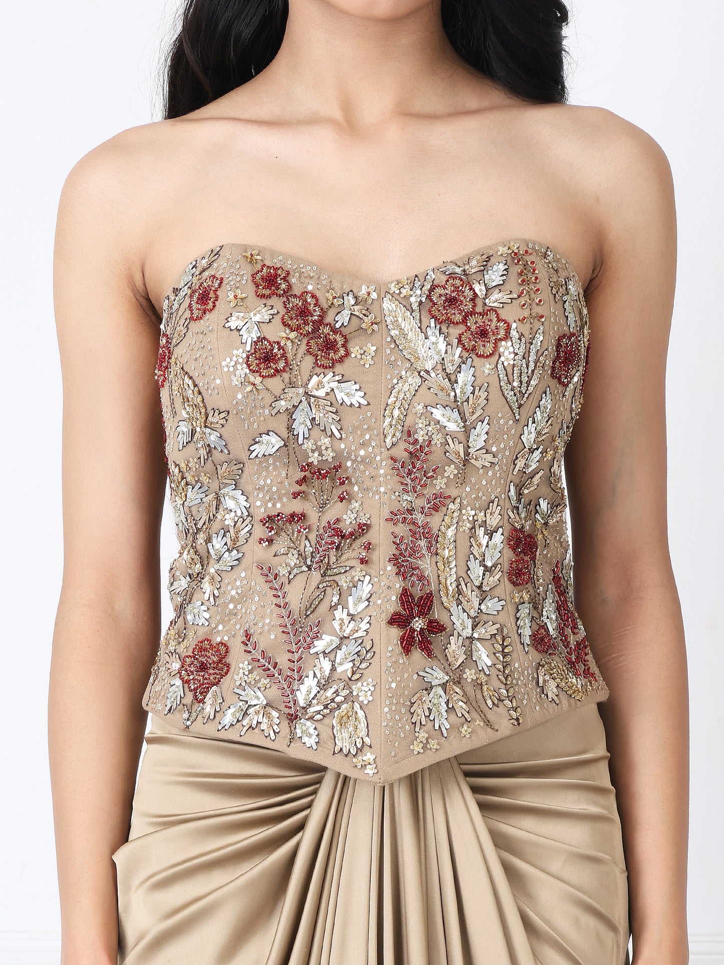 Golden brown drape skirt with embroidered corset