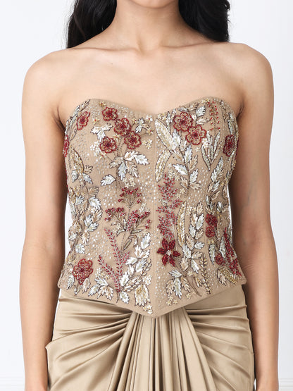 Golden brown drape skirt with embroidered corset