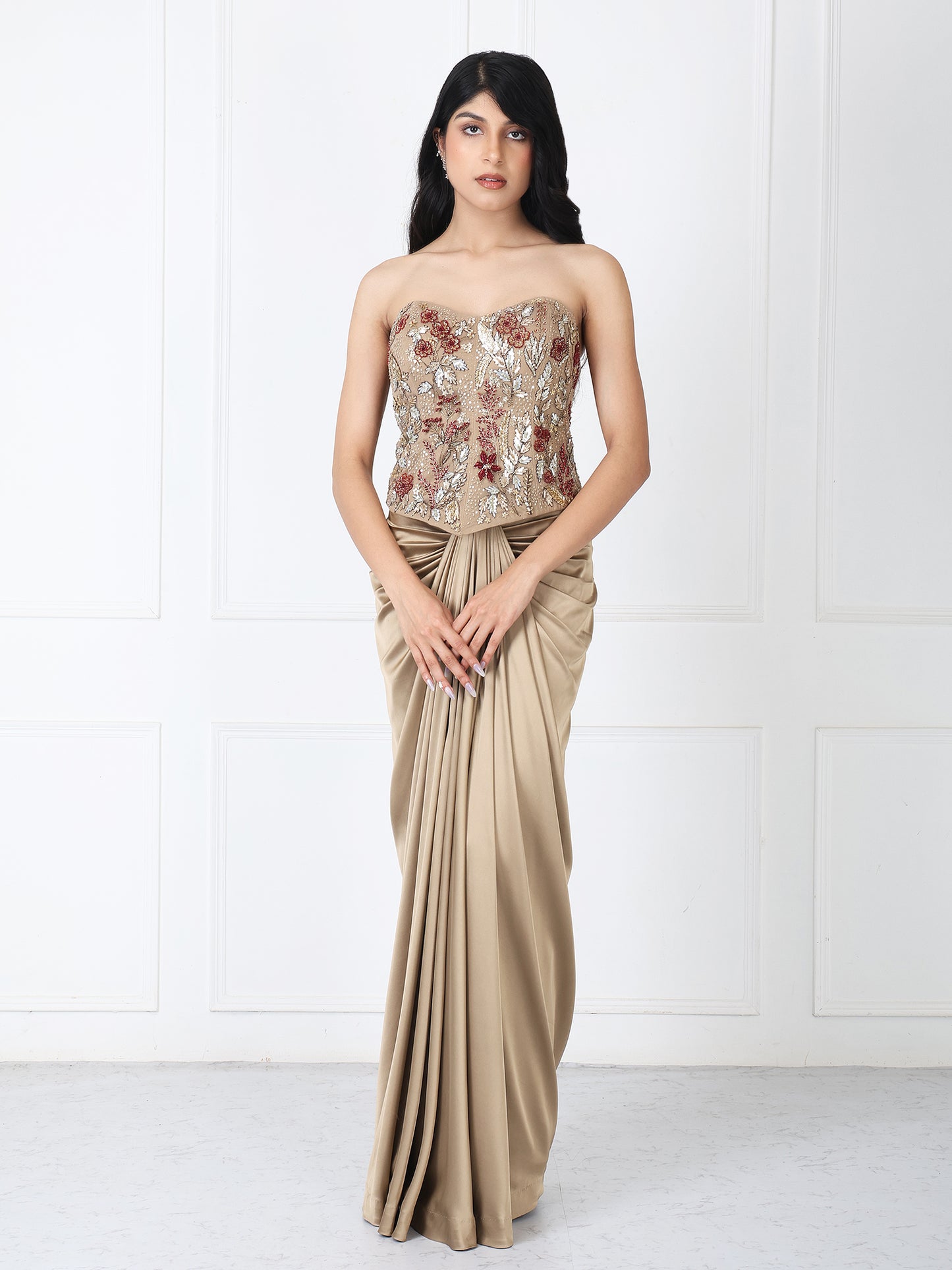 Golden brown drape skirt with embroidered corset