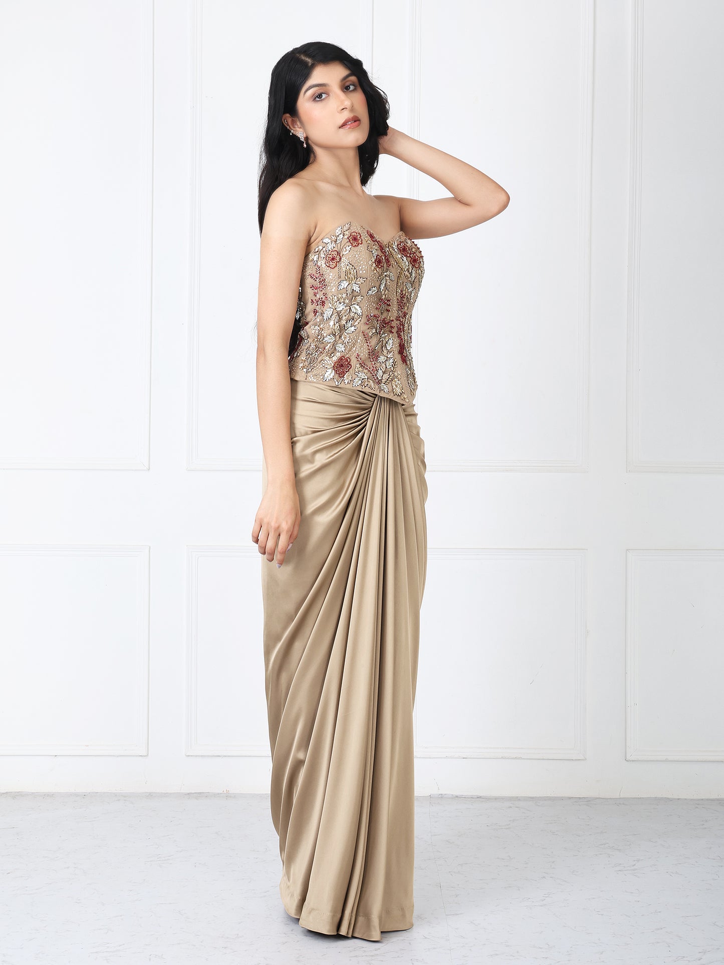 Golden brown drape skirt with embroidered corset