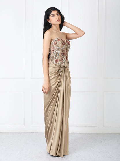 Golden brown drape skirt with embroidered corset