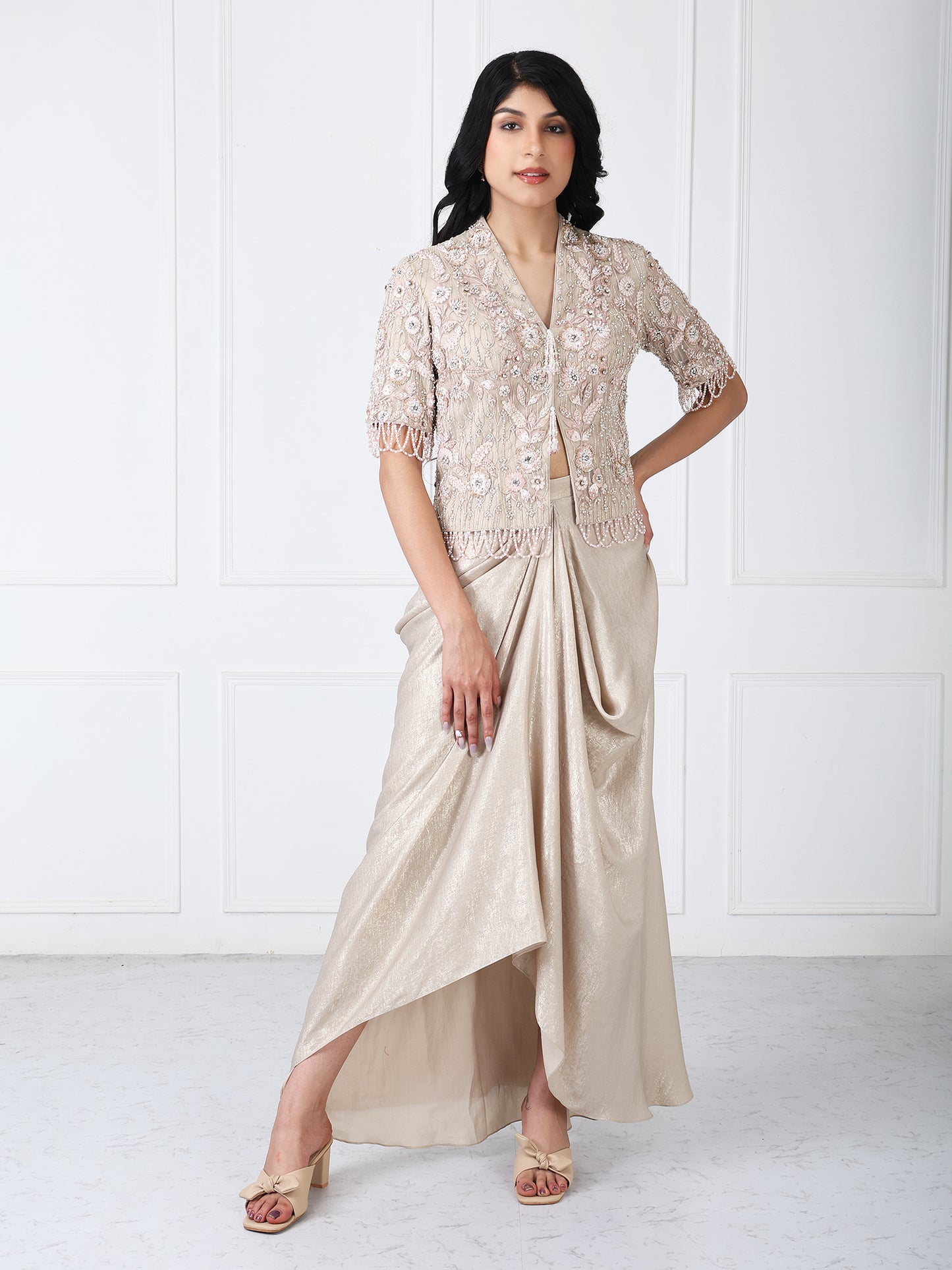 Royal beige embroidered jacket with drape skirt