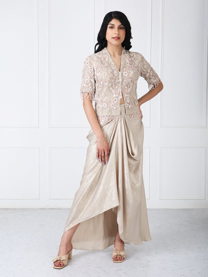 Royal beige embroidered jacket with drape skirt