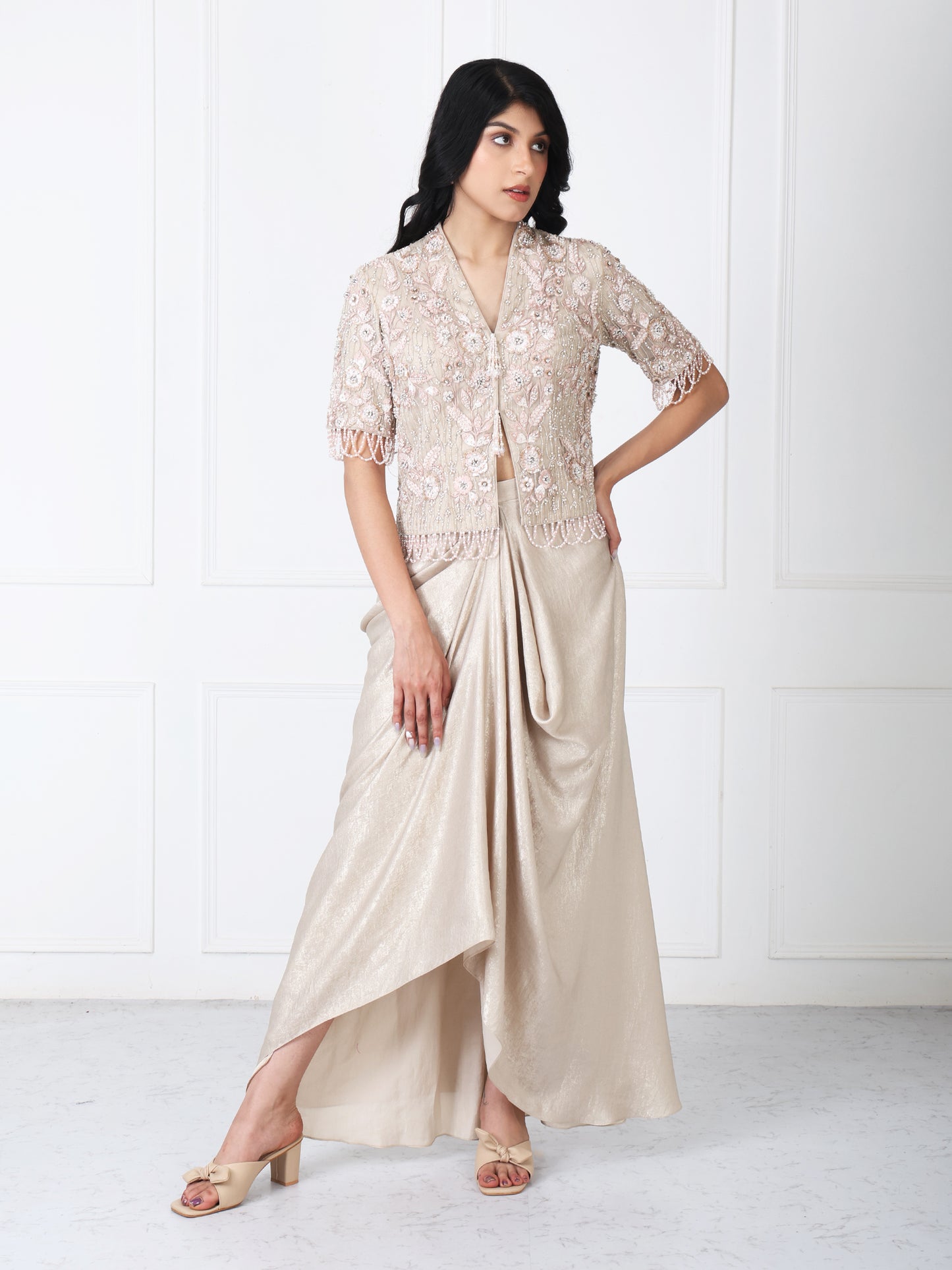 Royal beige embroidered jacket with drape skirt