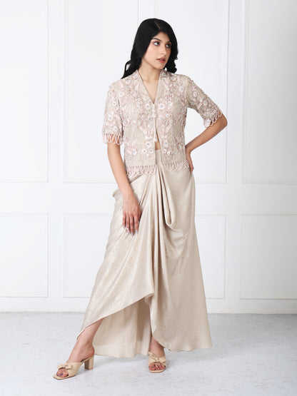 Royal beige embroidered jacket with drape skirt