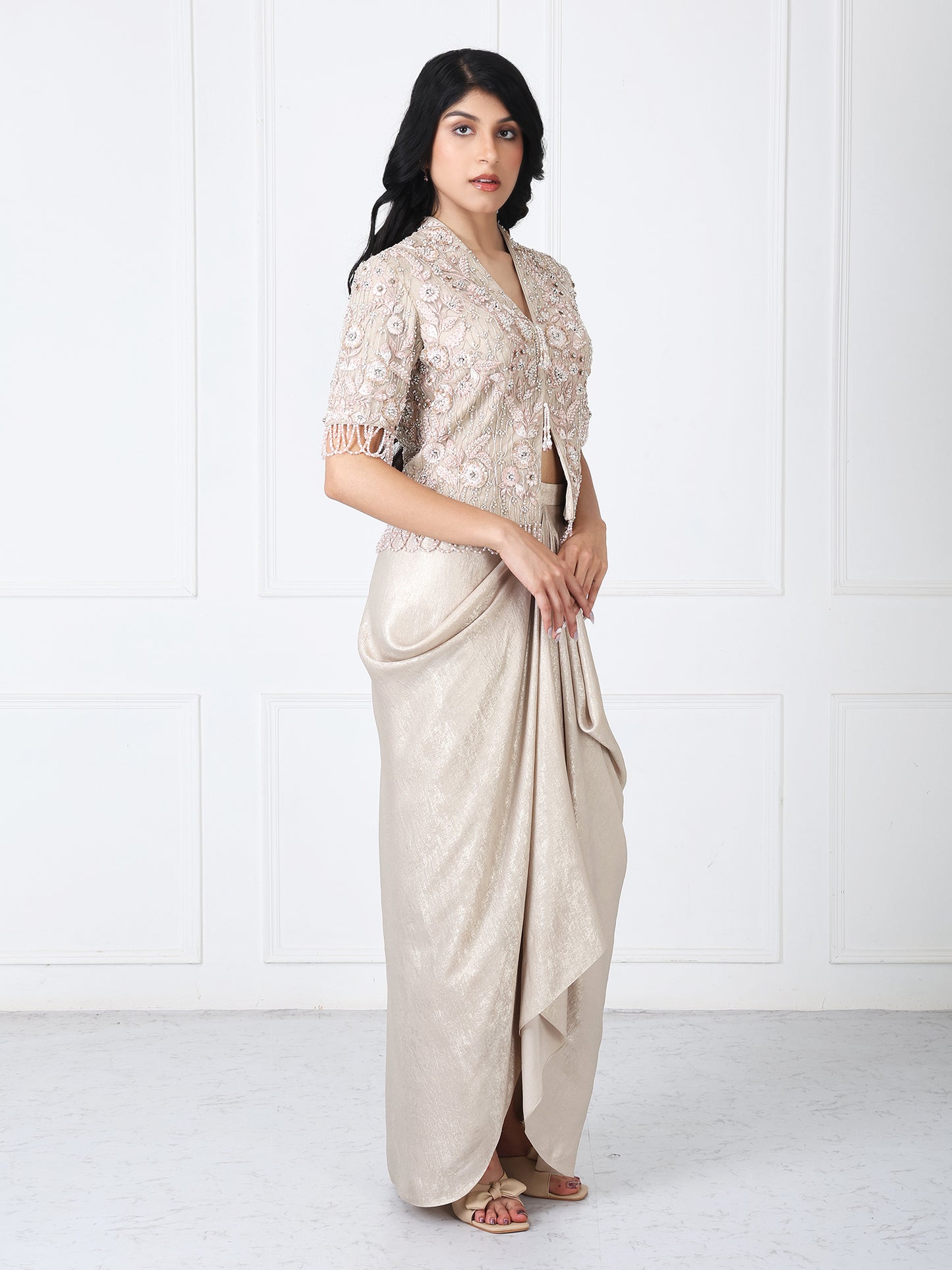 Royal beige embroidered jacket with drape skirt