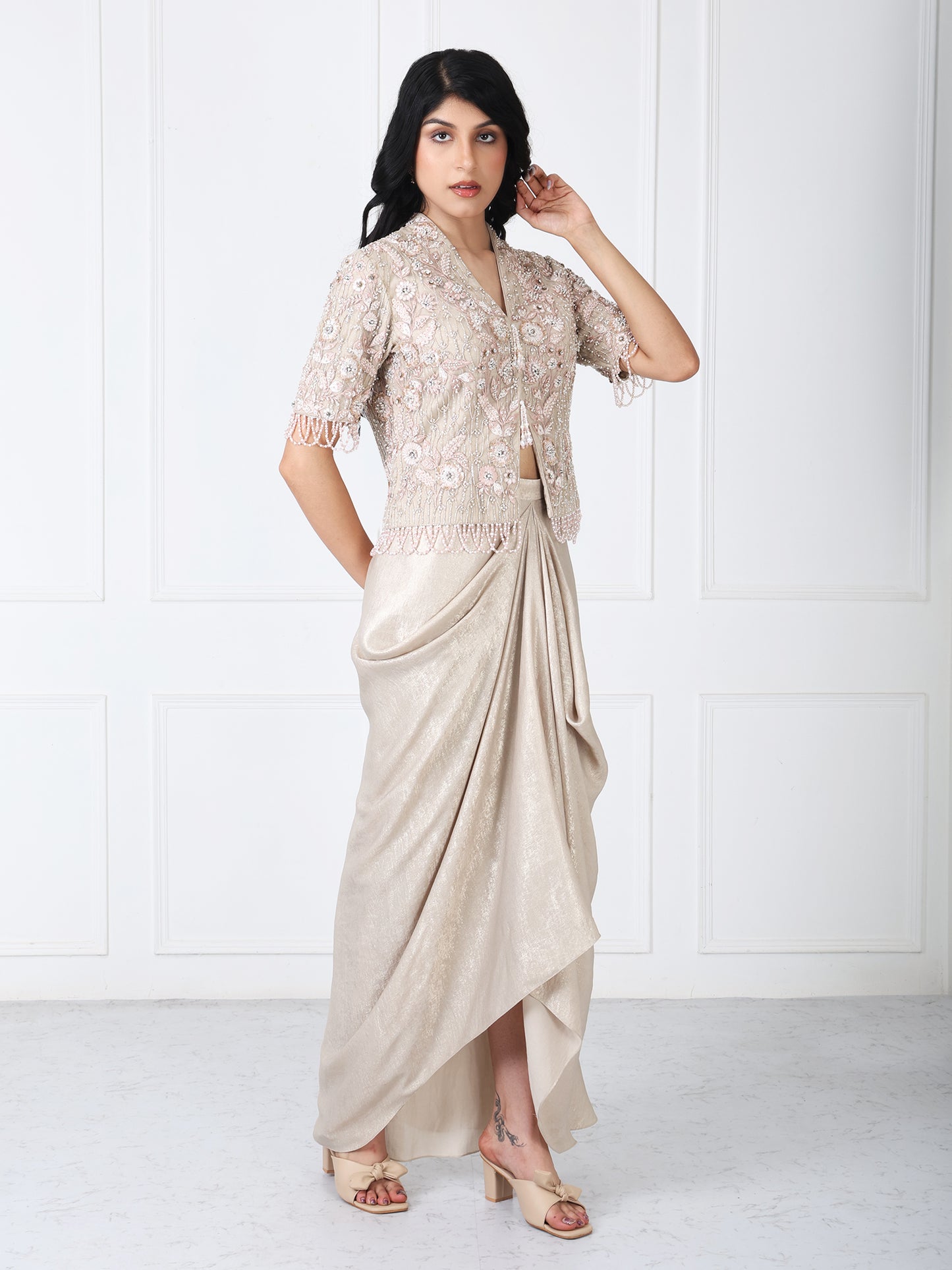Royal beige embroidered jacket with drape skirt