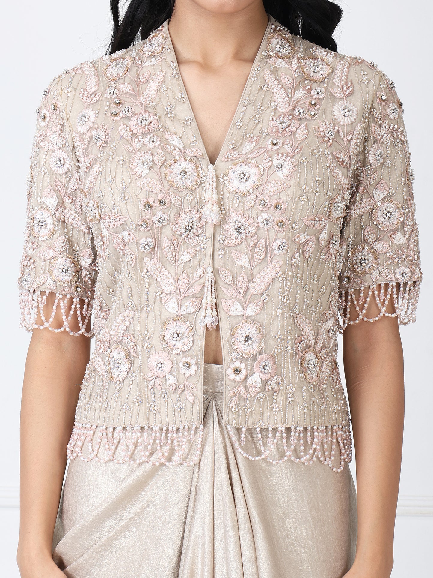 Royal beige embroidered jacket with drape skirt