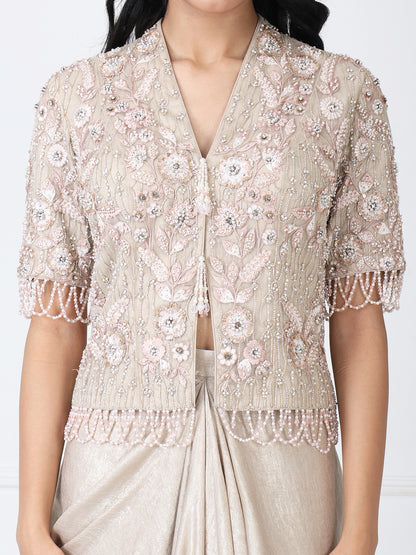 Royal beige embroidered jacket with drape skirt