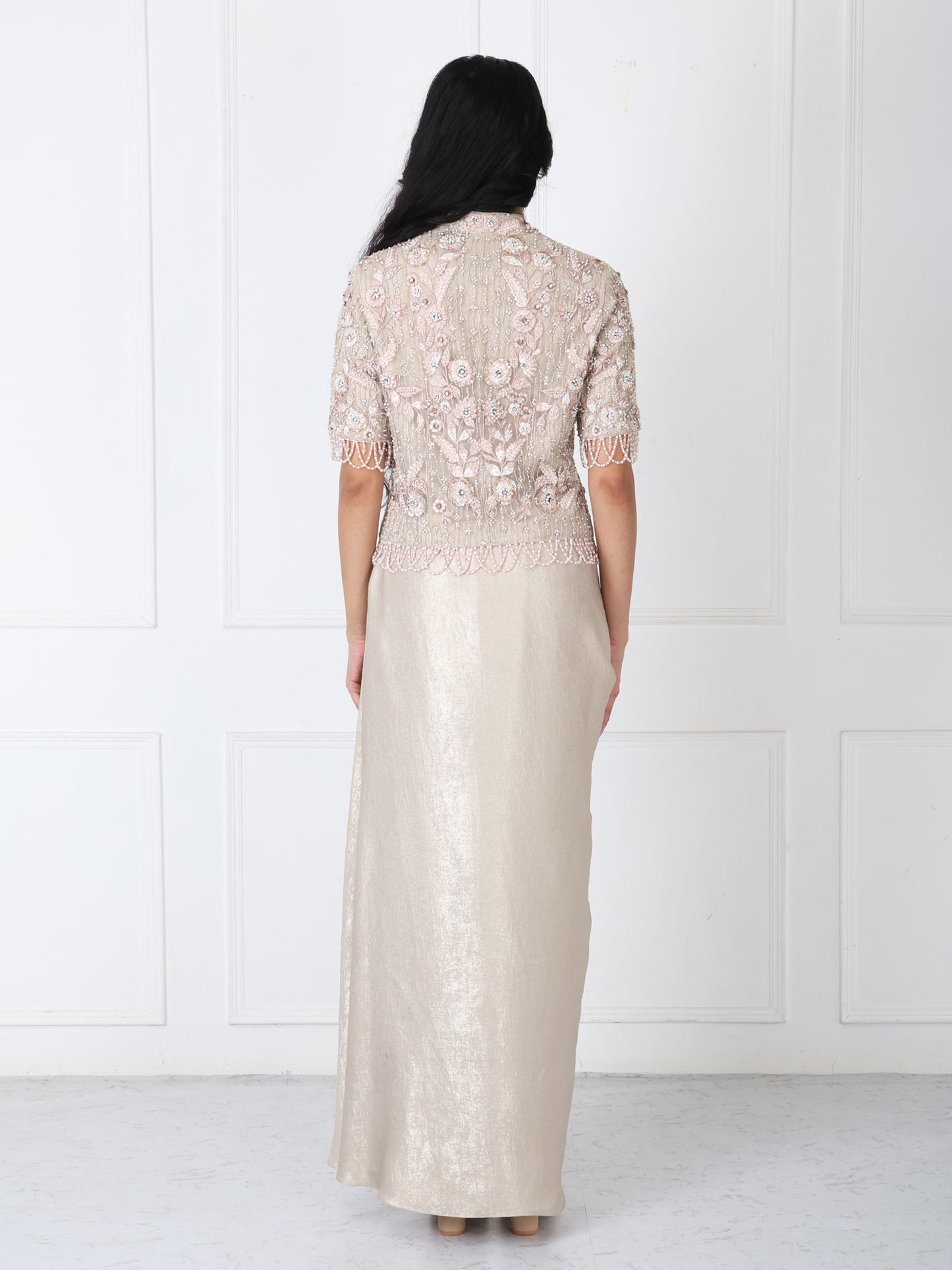 Royal beige embroidered jacket with drape skirt