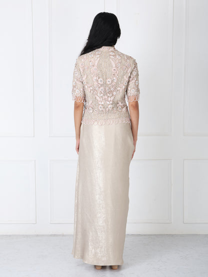 Royal beige embroidered jacket with drape skirt