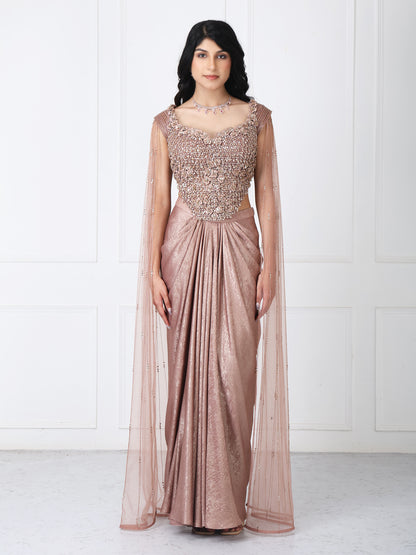 Brown tessals embroidered corset with drape skirt