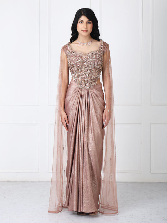 Brown tessals embroidered corset with drape skirt