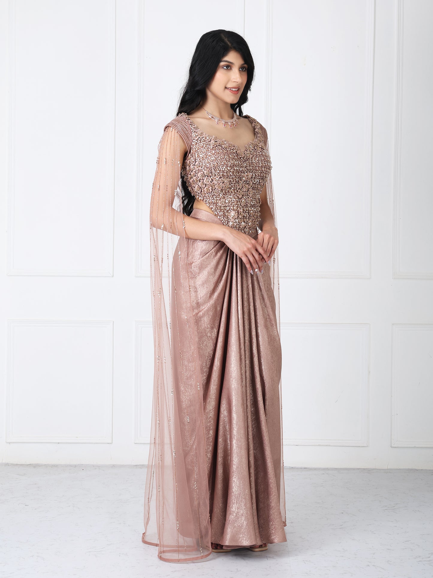 Brown tessals embroidered corset with drape skirt