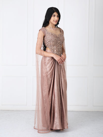 Brown tessals embroidered corset with drape skirt