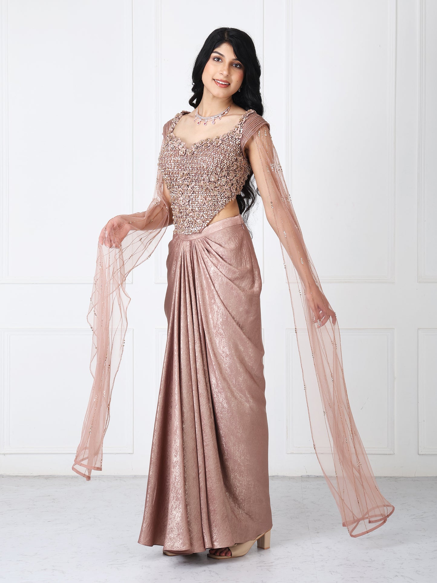 Brown tessals embroidered corset with drape skirt