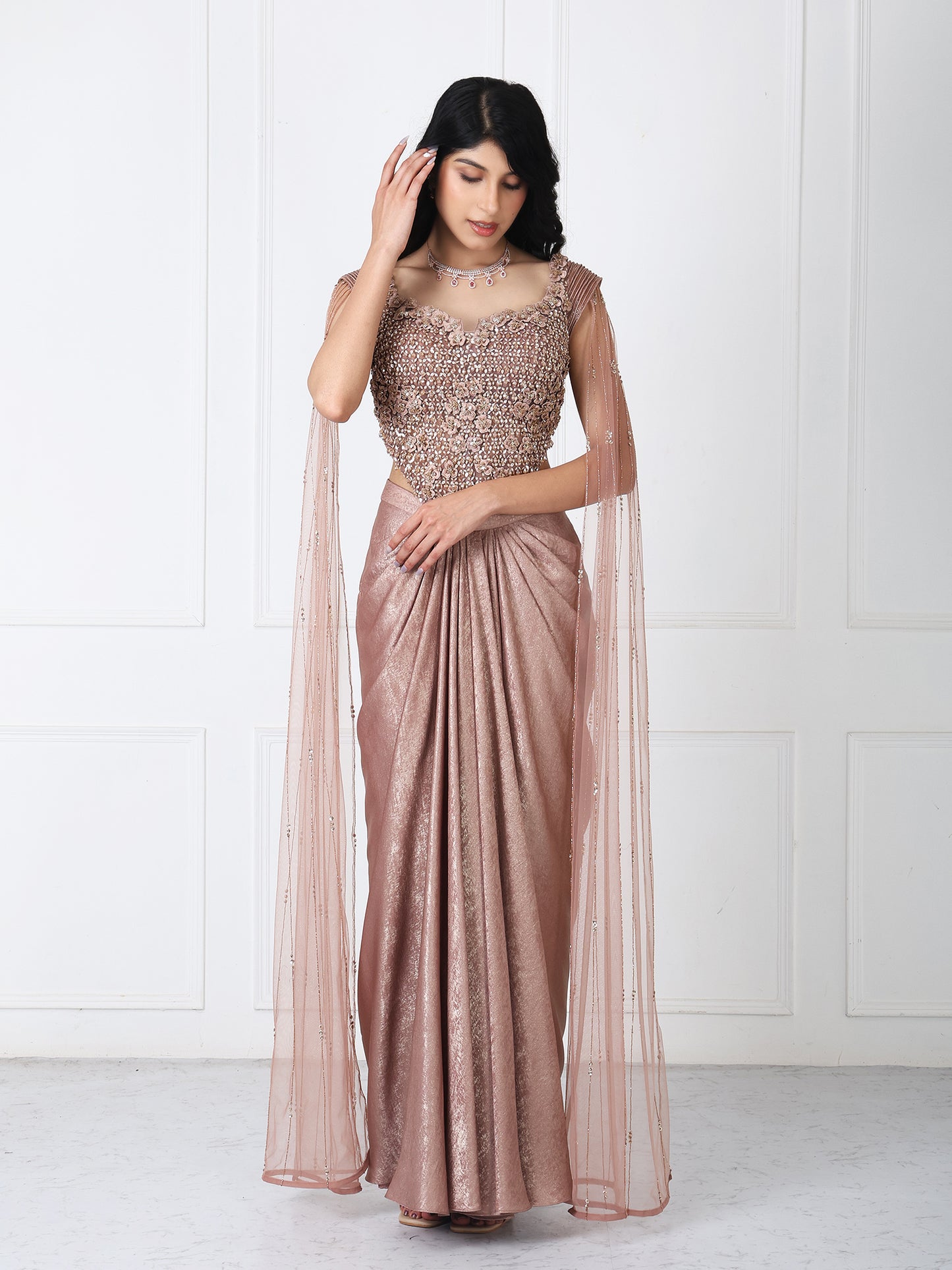 Brown tessals embroidered corset with drape skirt