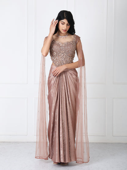 Brown tessals embroidered corset with drape skirt