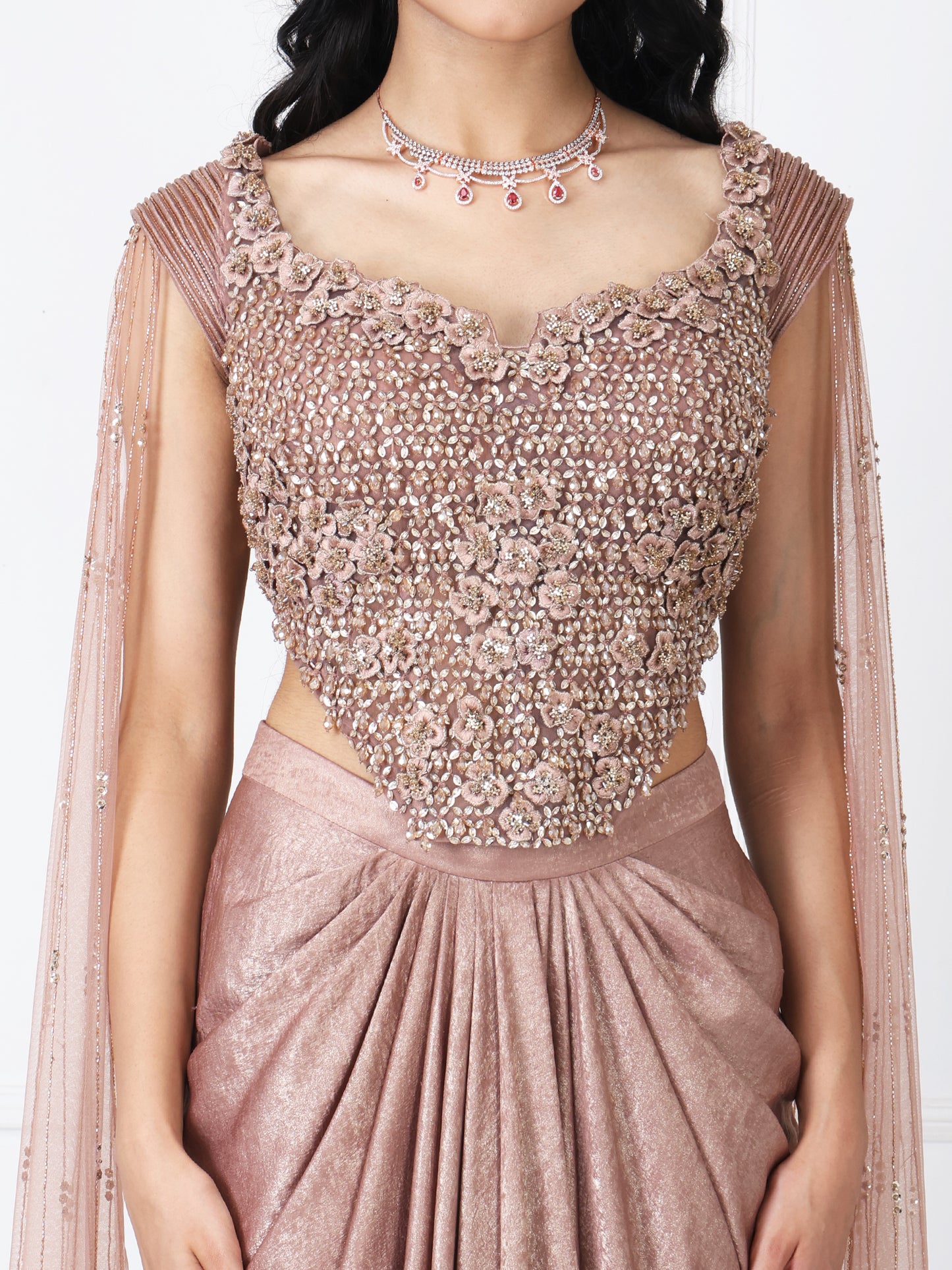Brown tessals embroidered corset with drape skirt