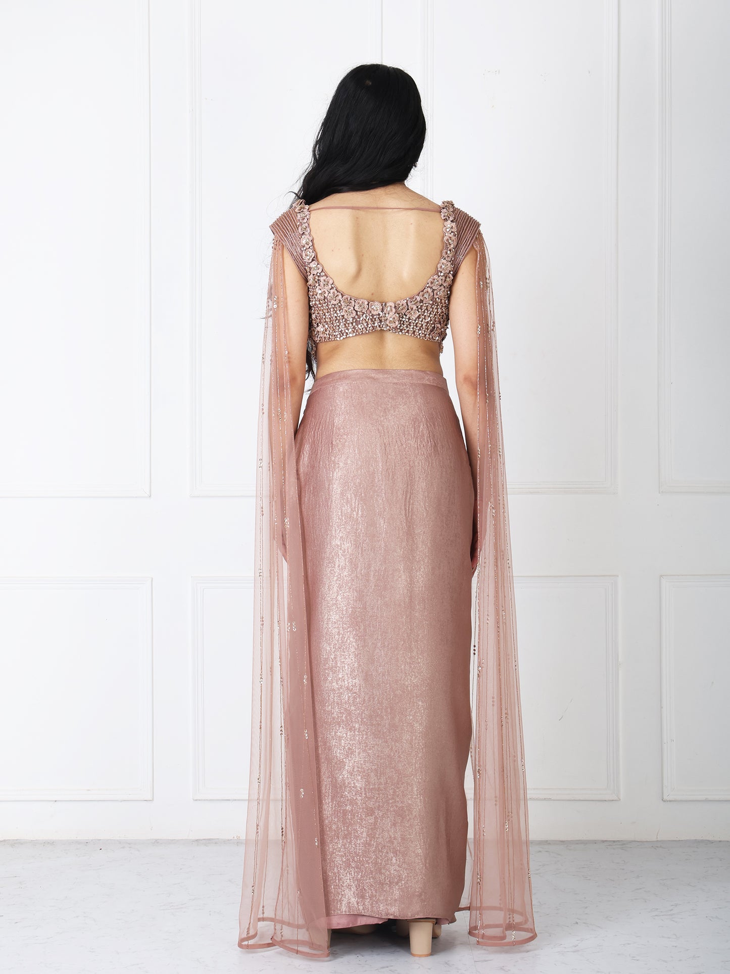 Brown tessals embroidered corset with drape skirt